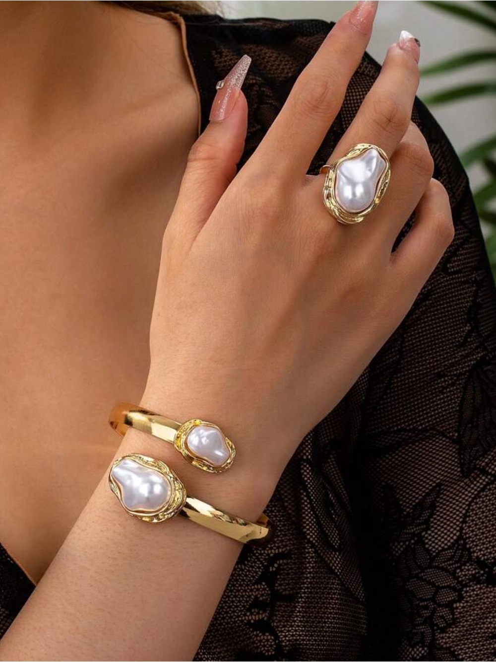 Elegant Gold Pearl Accent Cuff and Ring Set